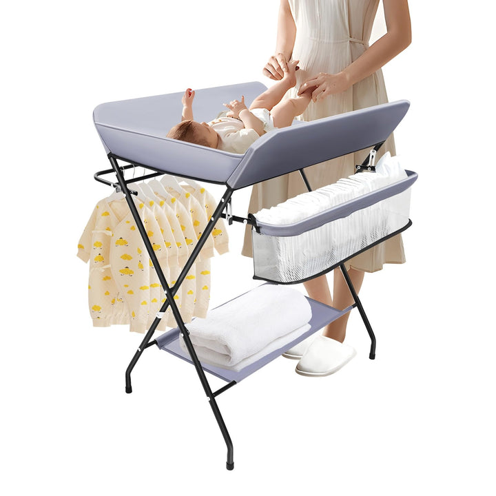 Baby Wickelkombi, Klappbar Wickelkommode, Mobiler Wickeltisch mit Wickelauflage, Sicherheitsgurt und