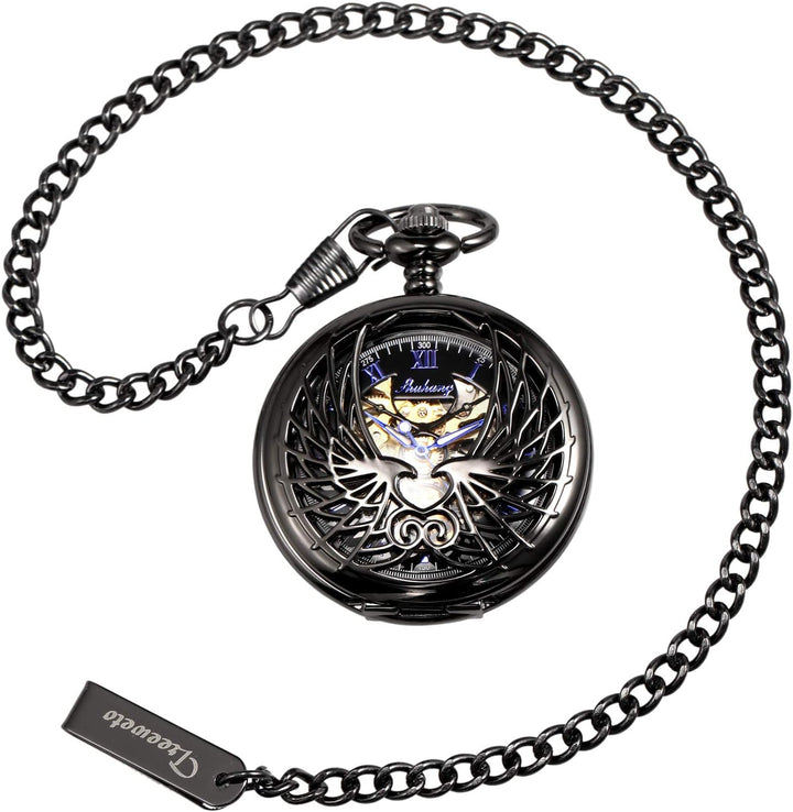 TREEWETO Unisex Taschenuhr mit Kette Analog Handaufzug Doppelscharnier Adler Skelett Römische Ziffer