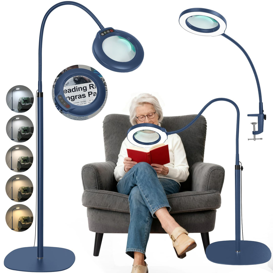 Veemagni 10X Echte Glaslinsen Schwanenhalslupen, Lupe mit Licht und Ständer Stehlampe, 5 Farbmodi St