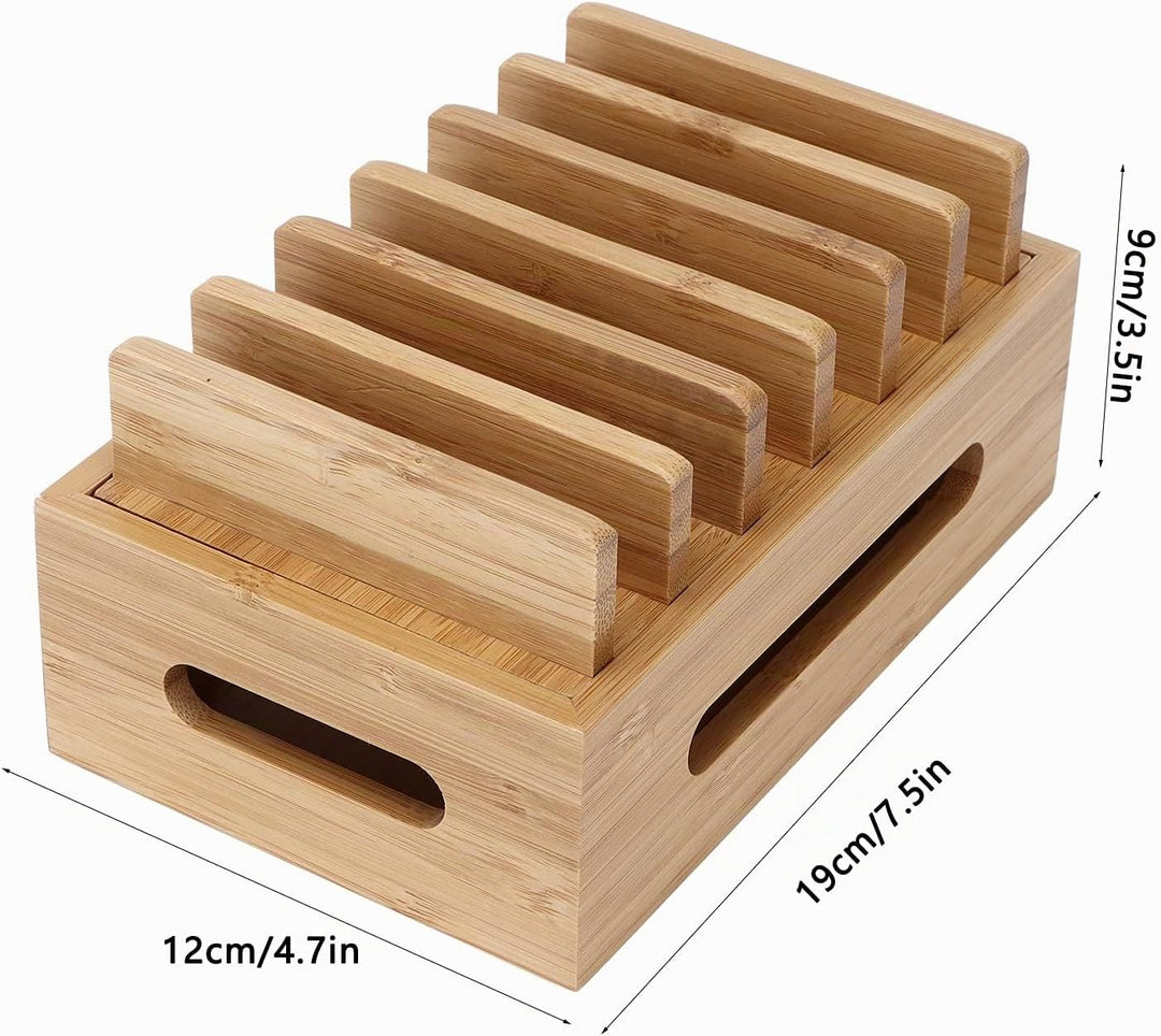 Holz Ladestation für Mehrere Geräte, 6 Fächer Desktop Handy Docking Holder USB Multi Charger Organiz
