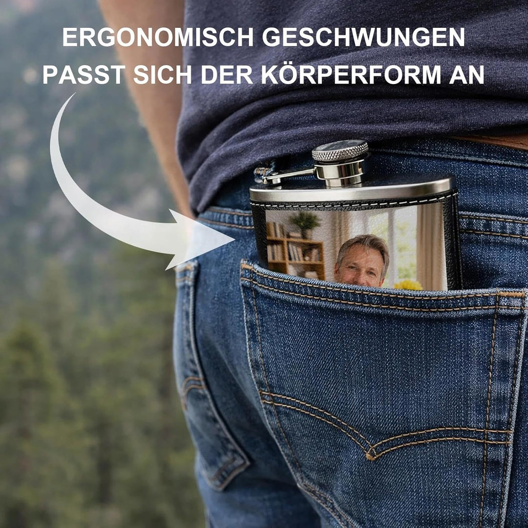 Personalisiert Flachmann mit Foto - Flachmann Kunstleder - Geeignet für Whiskey Rum und Wodka Partys