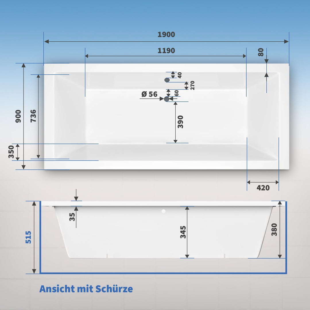 Aquade Acryl Badewanne 190x90 Modell: Ulm - Weiss Badewanne Komplettset 190x90 - Badewannen Mit Wann