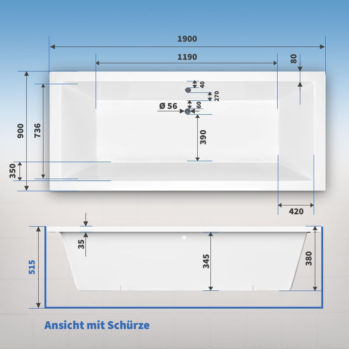 Aquade Acryl Badewanne 190x90 Modell: Ulm - Weiss Badewanne Komplettset 190x90 - Badewannen Mit Wann