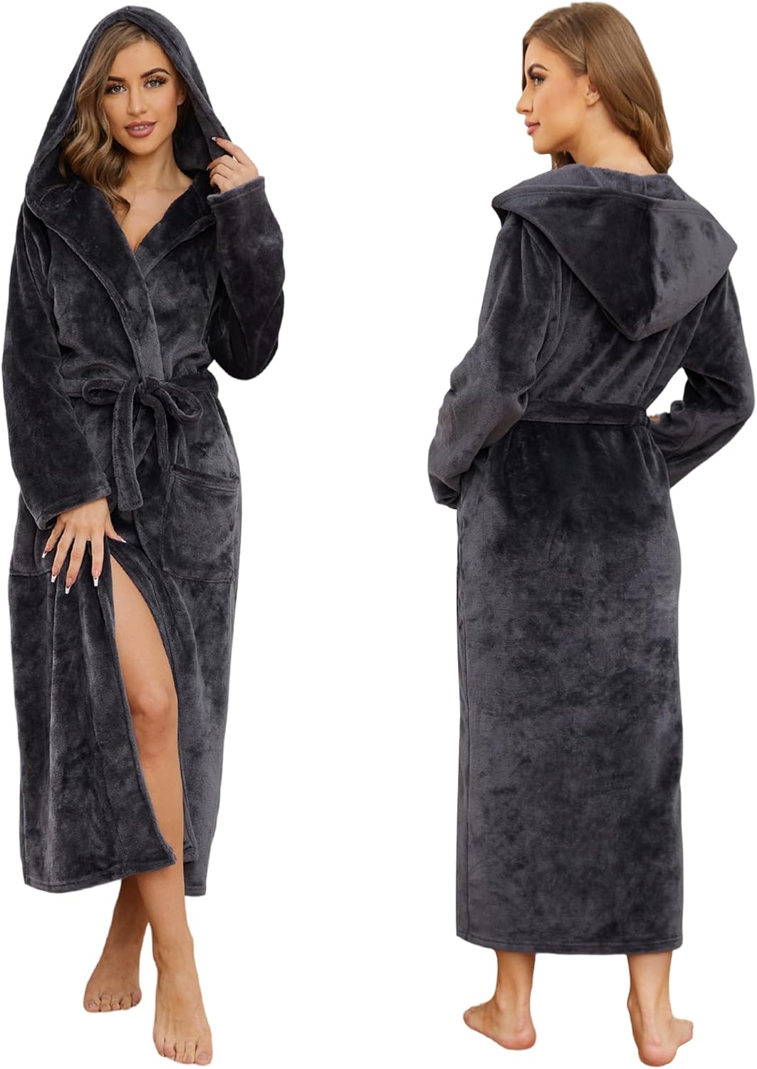 Mnemo Bademantel Damen Lang mit Kapuze Bademantel Damen Frottee Bademantel Damen Flauschig Grau M, G