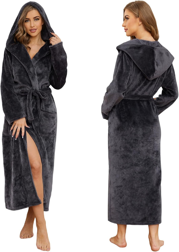 Mnemo Bademantel Damen Lang mit Kapuze Bademantel Damen Frottee Bademantel Damen Flauschig Grau M, G