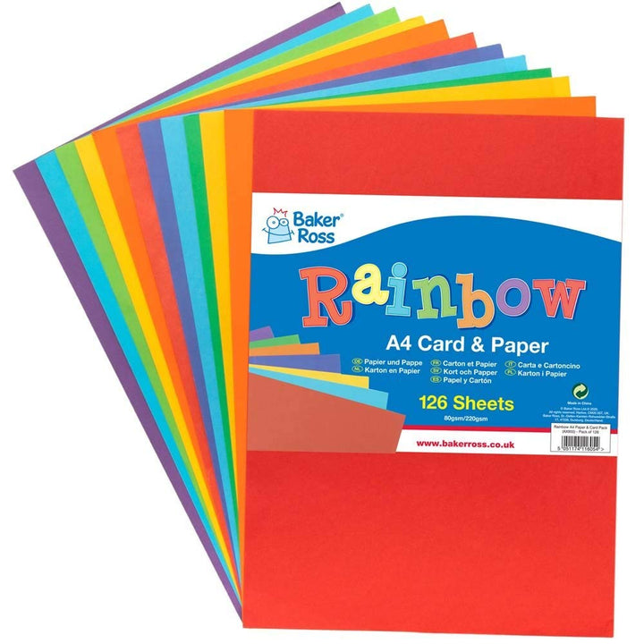 Baker Ross Rainbow A4 Papier und Karton, 126er-Packung, farbiger Kunstbedarf für Kinder, für Bastela