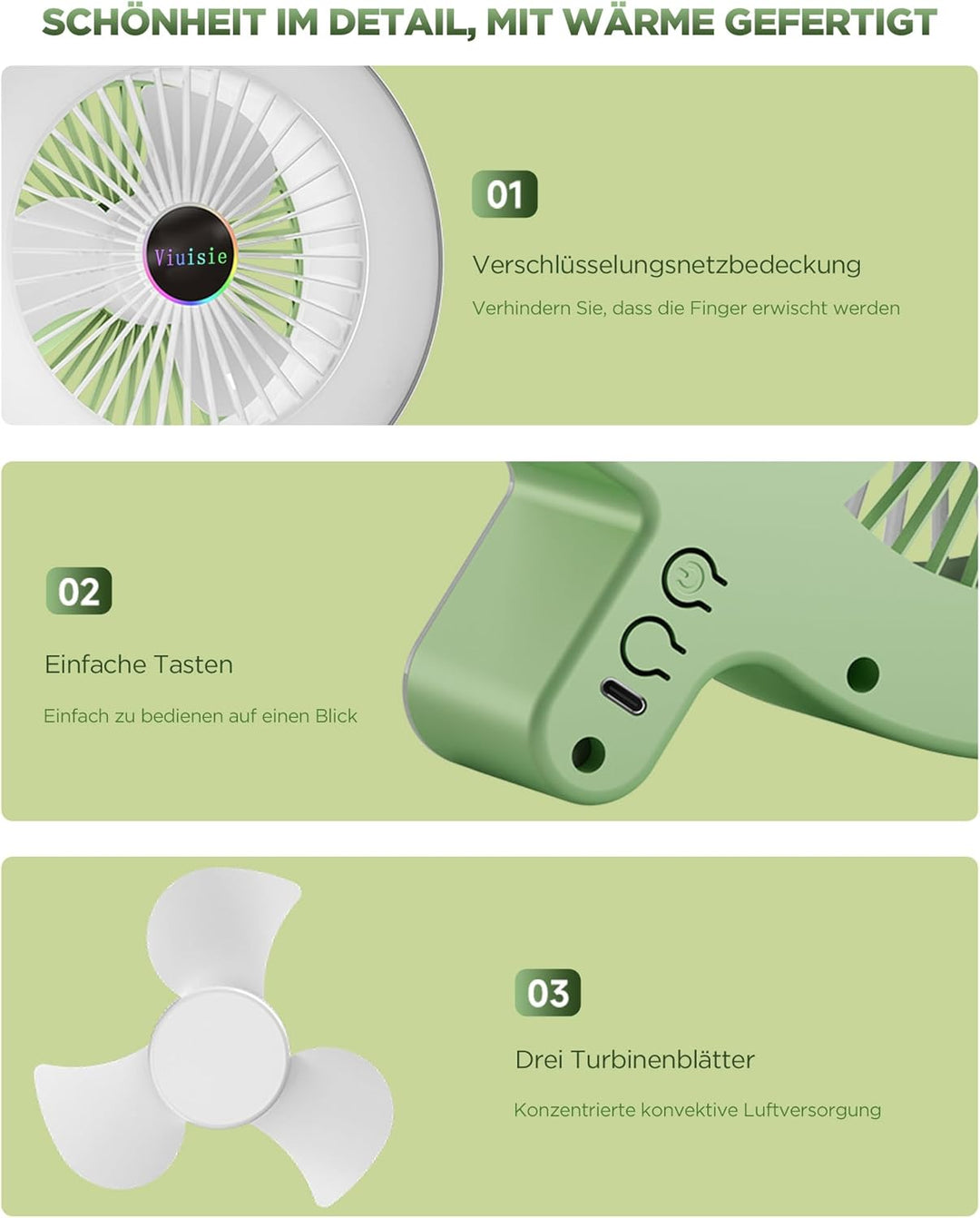 Tischventilator 2-in-1 Mit Rgb-licht Und Wiederaufladbarem 2000mAh Akku, USB-C, 3 Windgeschwindigkei