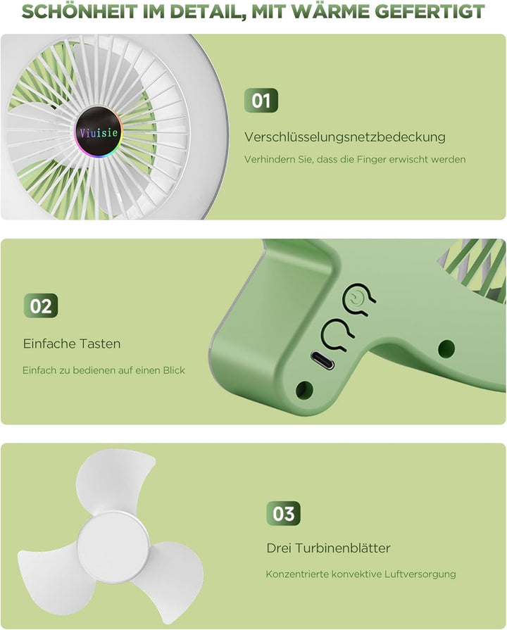Tischventilator 2-in-1 Mit Rgb-licht Und Wiederaufladbarem 2000mAh Akku, USB-C, 3 Windgeschwindigkei