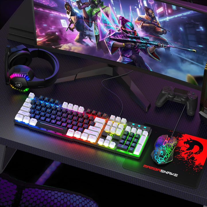 Kabelgebundene Gaming-Tastatur, Maus und Mauspad und Gaming-Headset, Regenbogen-LED-Hintergrundbeleu
