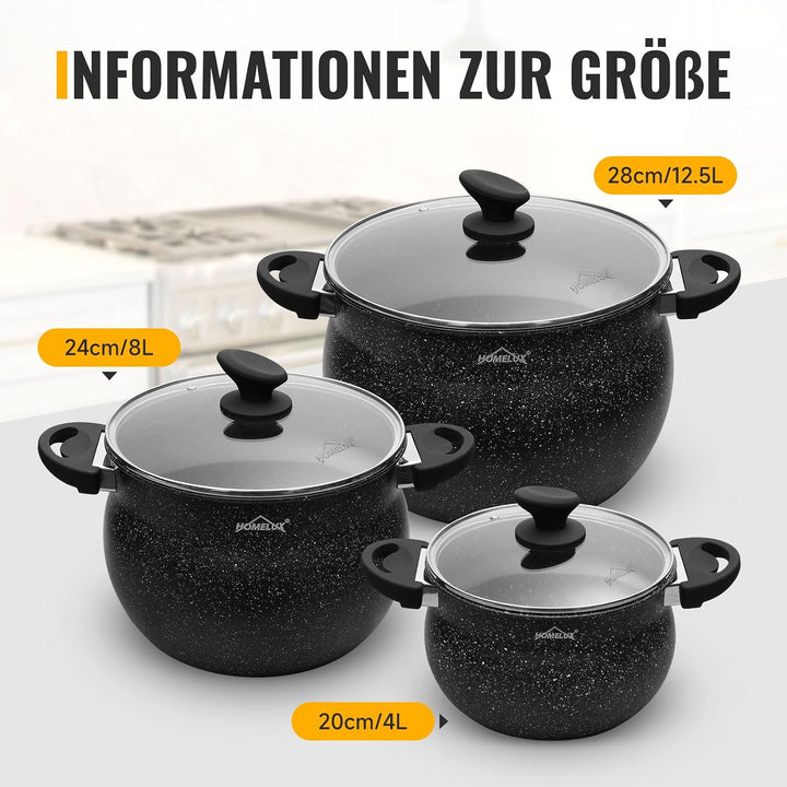 Homelux Topfset mit Glasdeckel, 20cm,4L, 24cm,8L, 28cm,12.5L, Kochtopf Induktions Töpfe Set, mit Ant