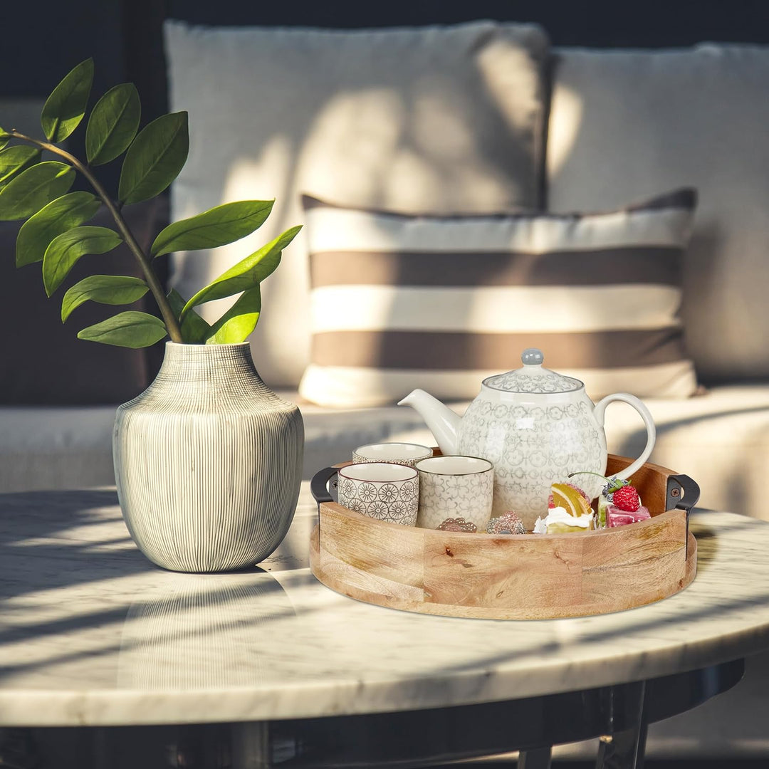 Relaxdays Tablett, rundes Serviertablett, Mangoholz, HxD: 7,5 x 35 cm, Holztablett mit Griffen, Deko