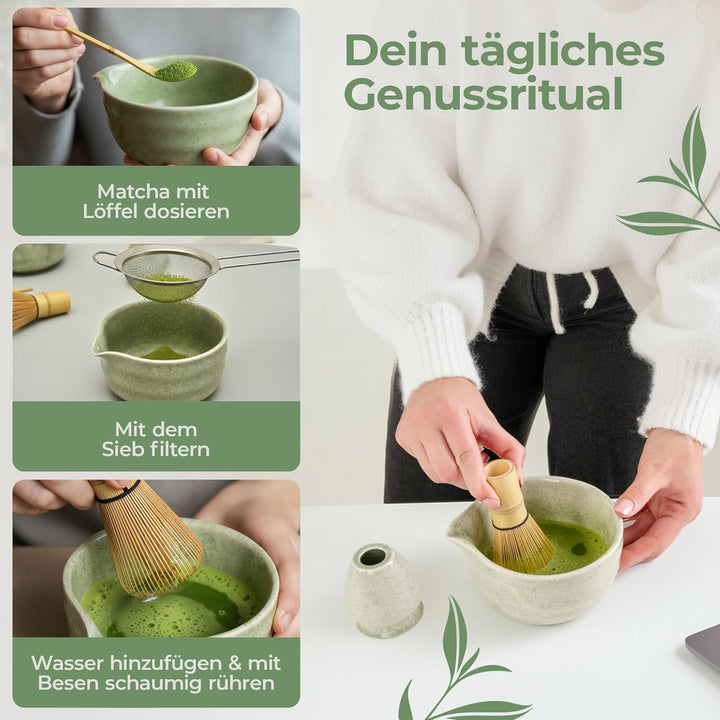 comforder Matcha Set mit Besen – Komplett mit Matchaschale mit Ausgiesser, Chasen, Halter, Löffel un