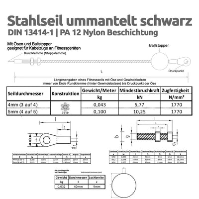 Drahtseile24 Stahlseil ummantelt für Fitnessgerät mit Öse und Gewindebolzen | 5mm (4 auf 5) Stärke |