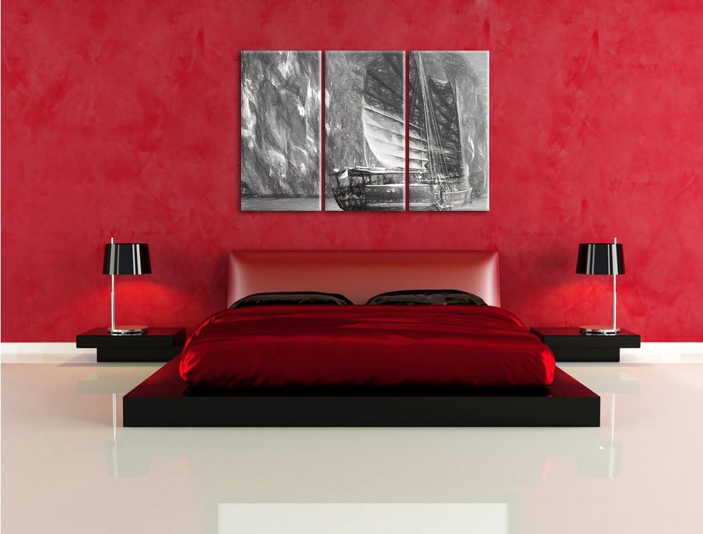 Pixxprint chinesisches Segelschiff 3Teiler 120x80 cm Leinwandbild Wandbild Kunstdruck