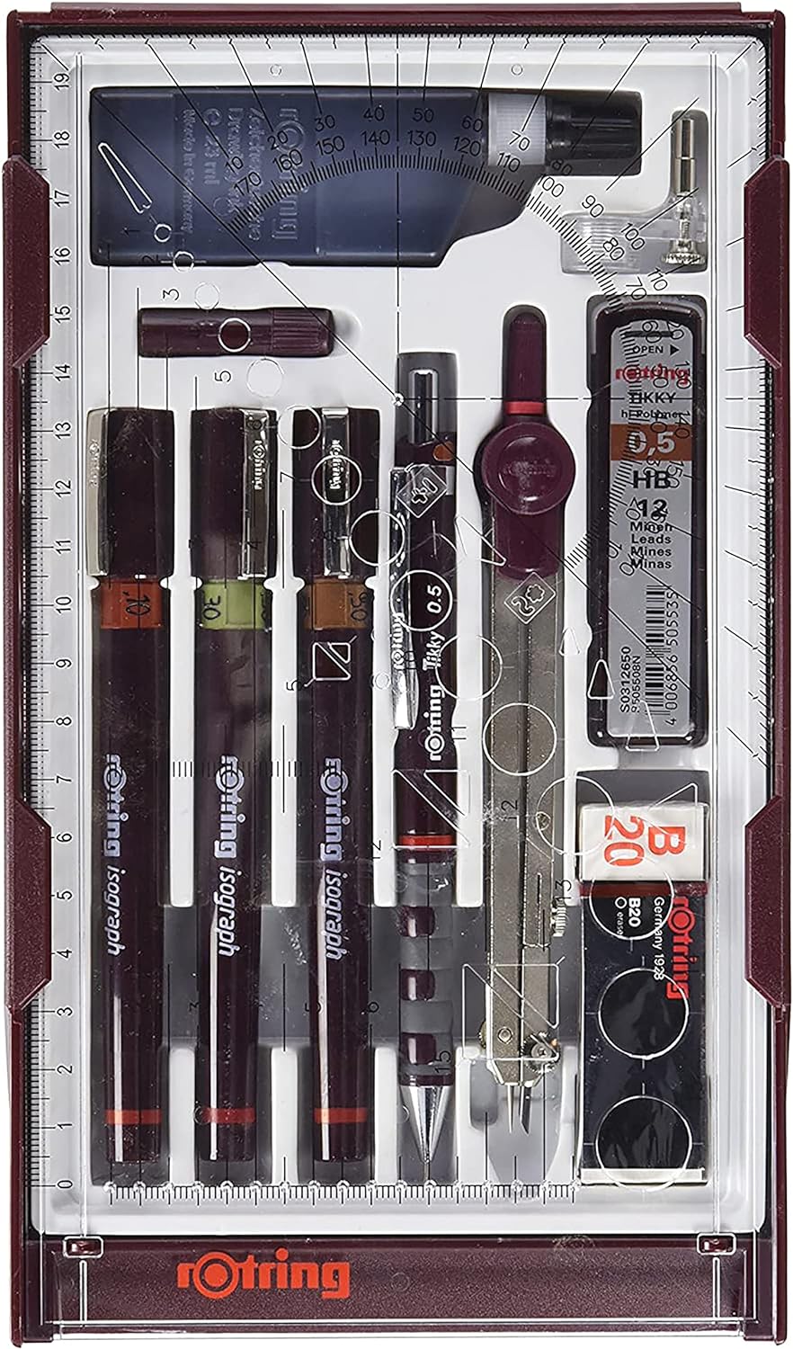 rOtring Isograph Fineliner Master Set | mit Zirkel | 0,1 mm/ 0,3 mm/ 0,5 mm | 3 Stück 0,10 mm, 0,30