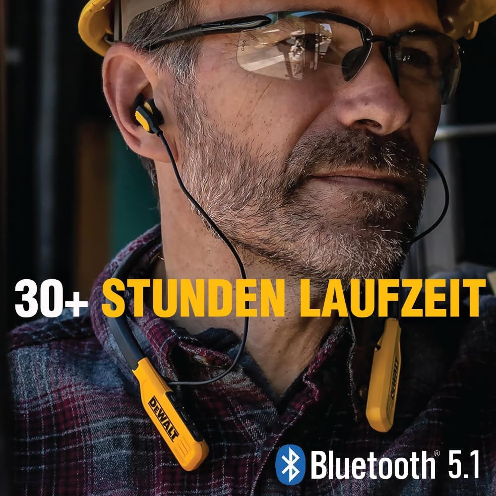 DEWALT Heavy-Duty Bluetooth Neckband Kopfhörer – Kabellose Nackenbügel-Earbuds mit 30Std. Laufzeit,