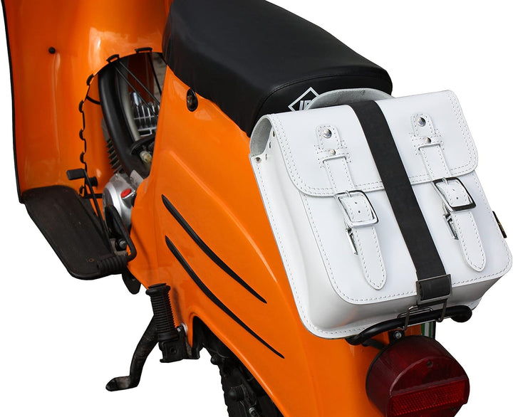 Kleine Leder Hecktasche mit Schnellverschluss Gepäckträger Tasche Packtasche Weiss passend für Simso