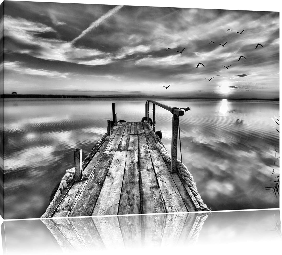 Pixxprint Steg mit Möwen bei Sonnenuntergang / 100x70cm Leinwandbild bespannt auf Holzrahmen/Wandbil