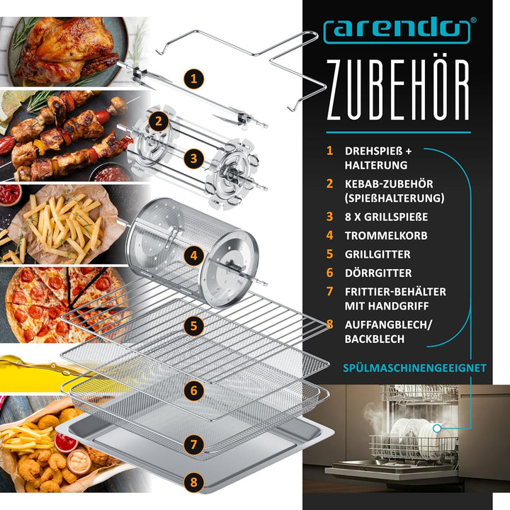 Arendo - Minibackofen 30l - Heissluftfritteuse 30 Liter - Edelstahl - Multifunktionsofen Umluft - mi