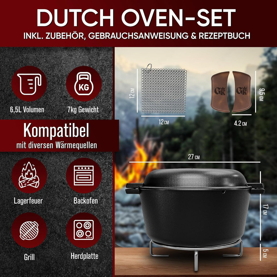 GUSSKÖNIG Dutch Oven - 2in1 Eingebrannter Gusseisen Topf 4,8L & Gusspfanne 1,8L - Dutch Oven Set mit