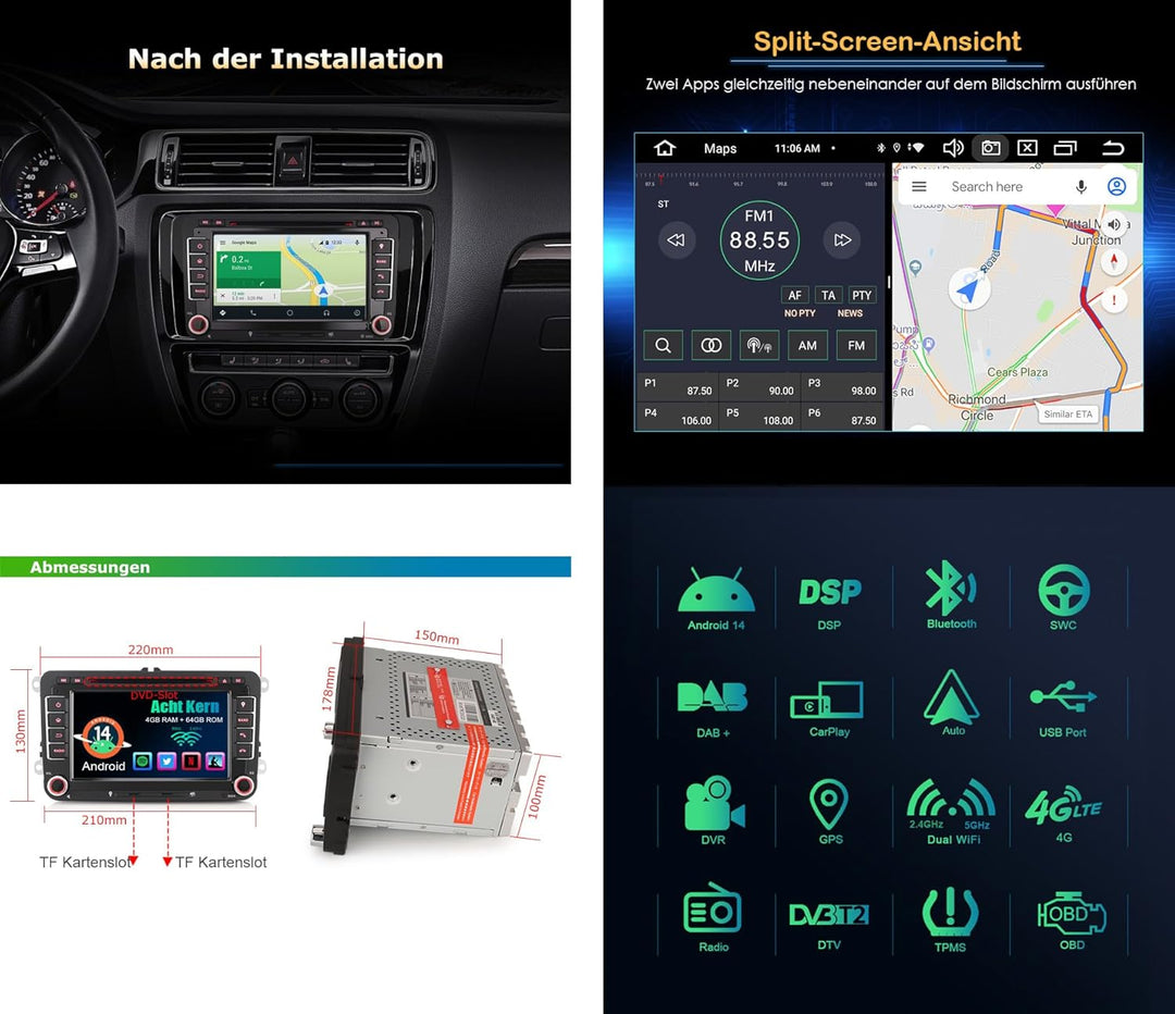 4GB+64GB 8-Kern Android 14 GPS DAB+ Autoradio Für VW Golf 5 Golf 6 Caddy Passat B6 EOS Jetta Touran