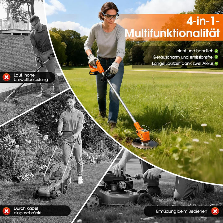 Akku-Rasentrimmer mit 2 * 21V Akku, 4 Messer, dreifach klappbarer Mäher, Rasenmäher, Akku-Gartenmähe