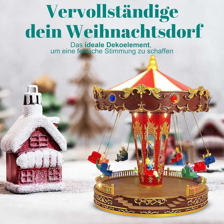 TIN DREAMS FACTORY Weihnachtsdorf mit Beleuchtung und Musik, Led-Karussell Weihnachten, Karussell Sp