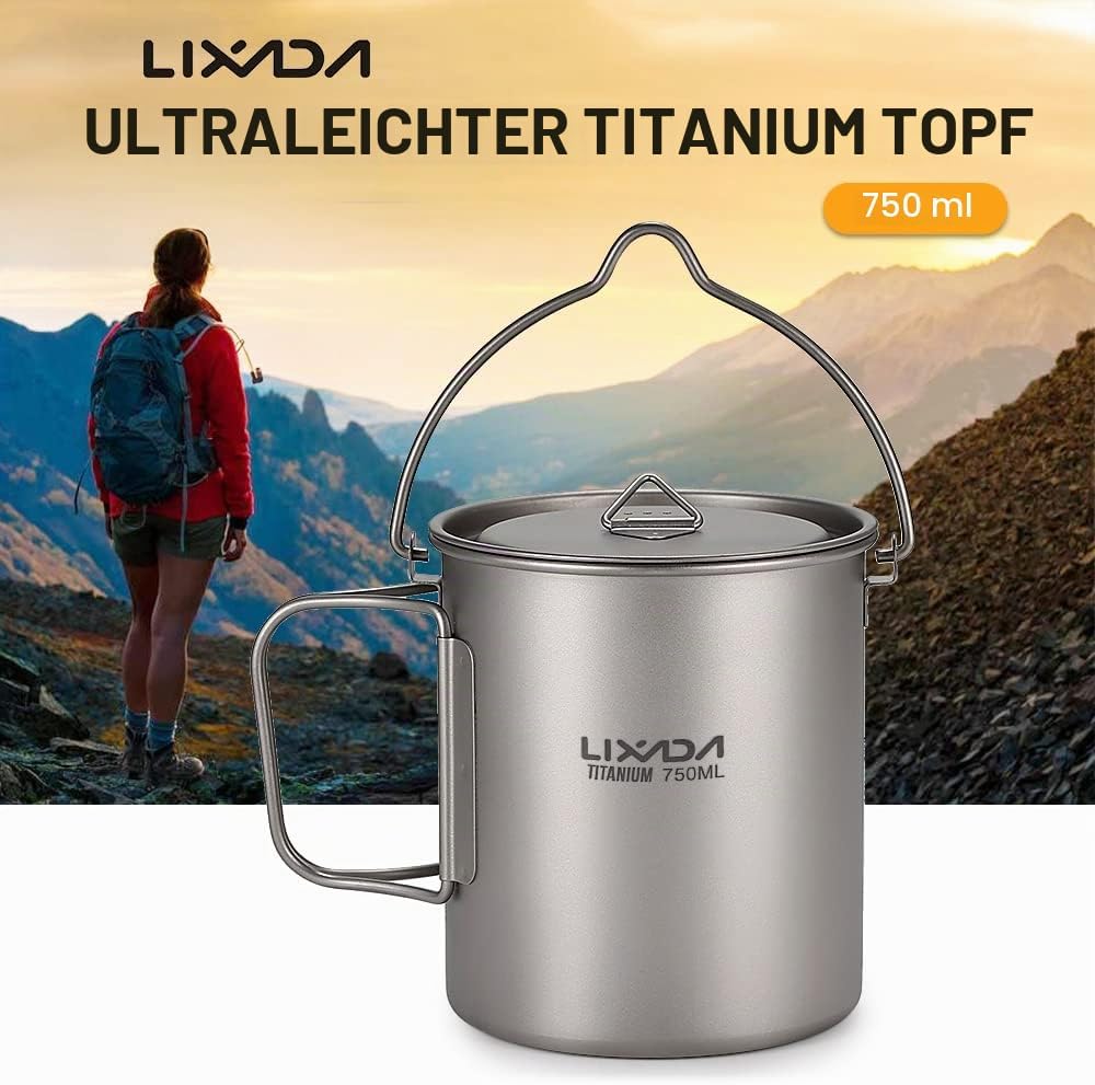 Lixada Titanium Cup Topf, Ultraleicht, tragbar, zum Aufhängen, mit Deckel und Griff, faltbar, für Ca