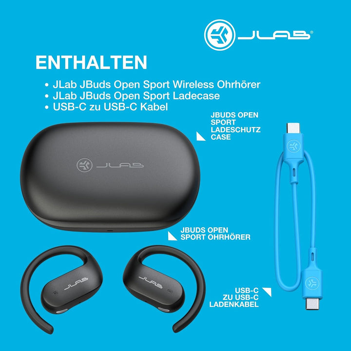 JLab JBuds Open Sport Kopfhörer – Kabellose Open-Ear Sportkopfhörer mit Ohrbügeln, 26 Std. Laufzeit,