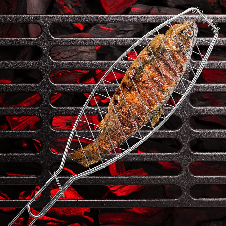 Relaxdays Fischbräter 3er Set, Edelstahl, mit Griff, 54 cm lang, Fischhalter zum Grillen, Grillgutha