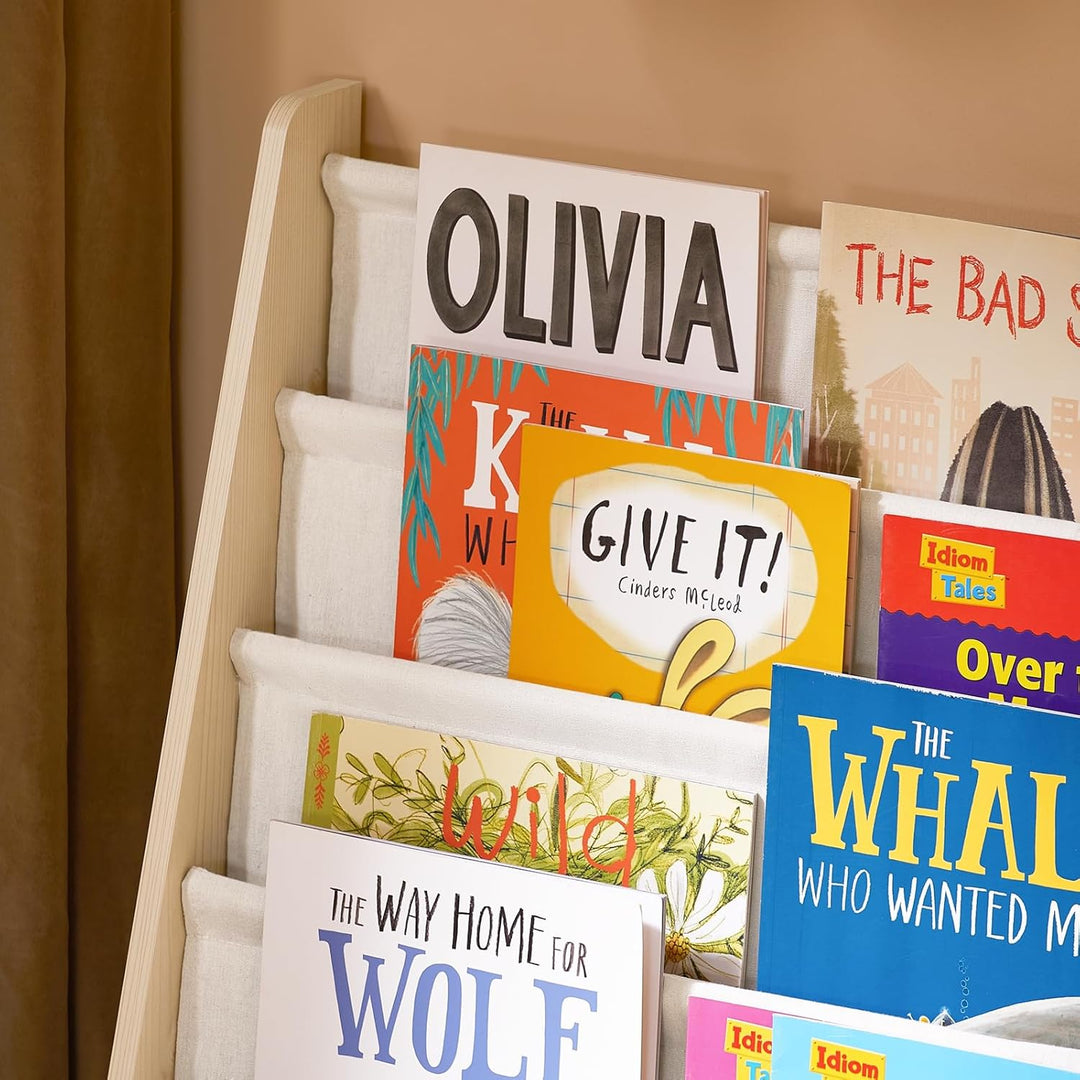 SoBuy Montessori Bücherregal Kinder Regal Kinderzimmer mit 4 Stofffächern Aufbewahrung Spielzeug & B