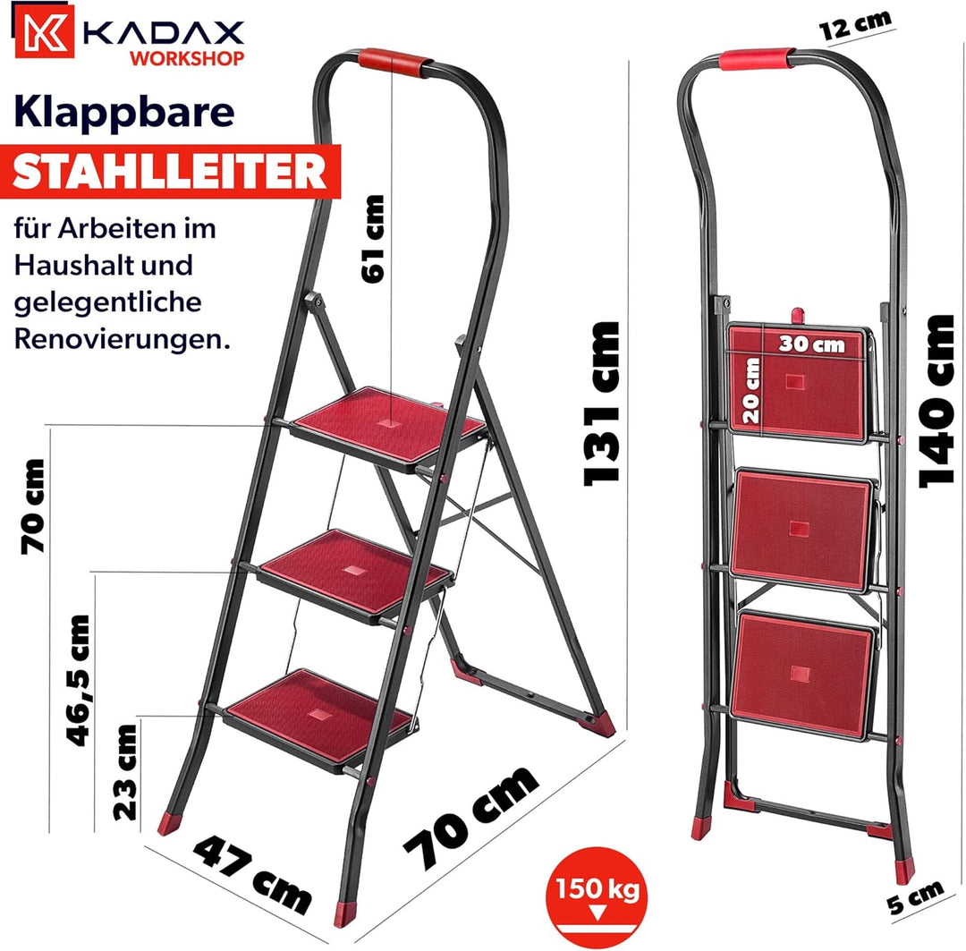 KADAX Klappbare Stahlleiter, schwarz-rote Trittleiter mit Traglast bis 150kg, Leiter mit Klappsicher