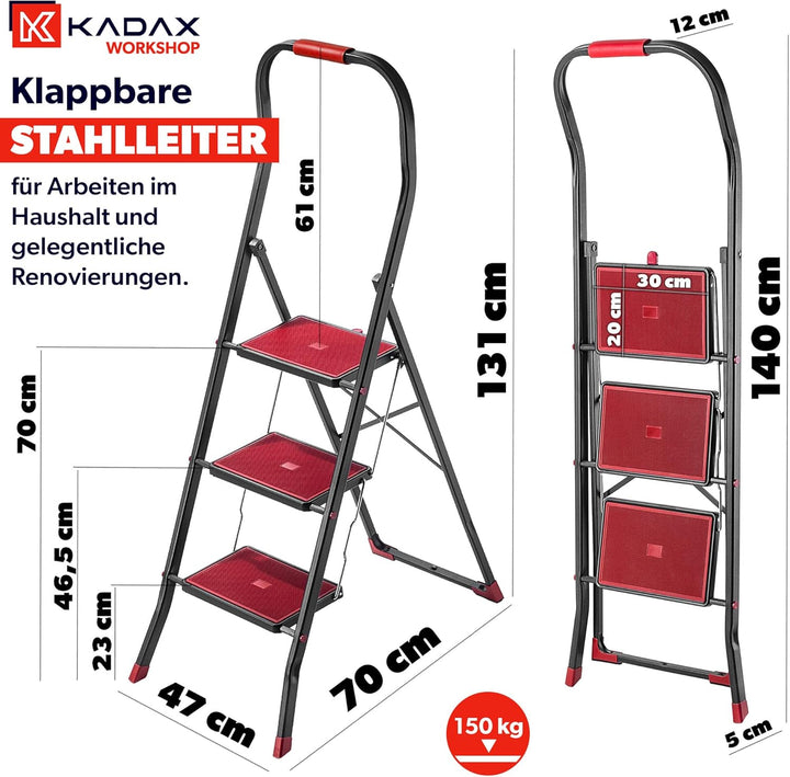 KADAX Klappbare Stahlleiter, schwarz-rote Trittleiter mit Traglast bis 150kg, Leiter mit Klappsicher