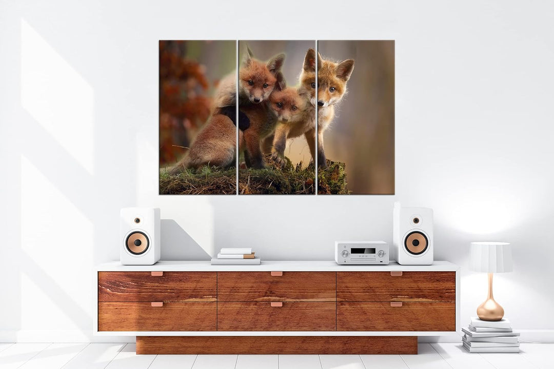 deyoli Kleine Familie von Rotfüchsen Format: 3-teilig 120x80 als Leinwand, Motiv fertig gerahmt auf