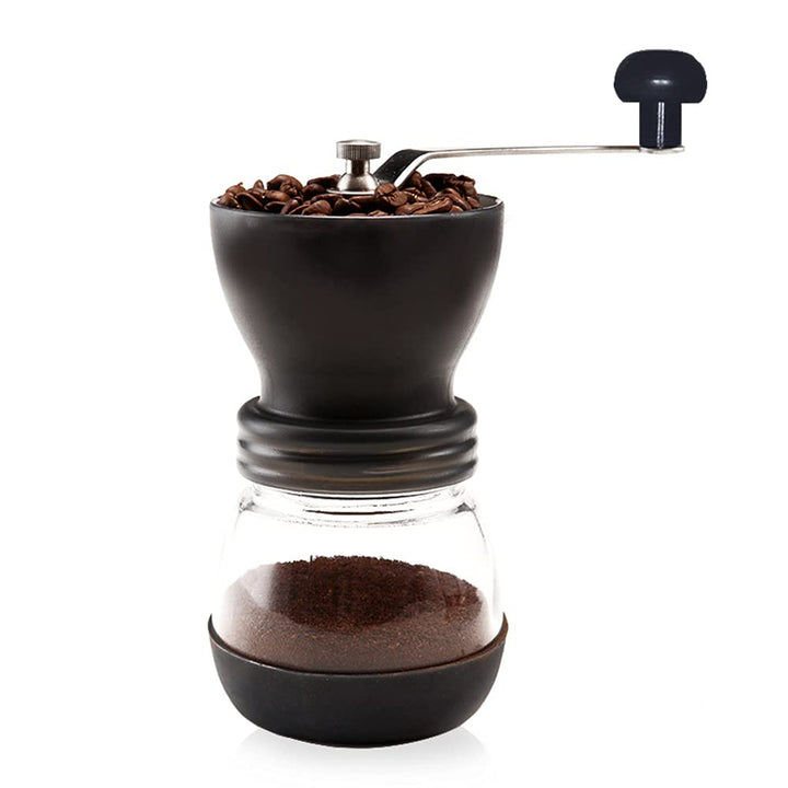 Manuelle Kaffeemühle mit Keramik-Frässtiften, 350 ml,Glasdosen, Silikonabdeckung und Edelstahlgriff,