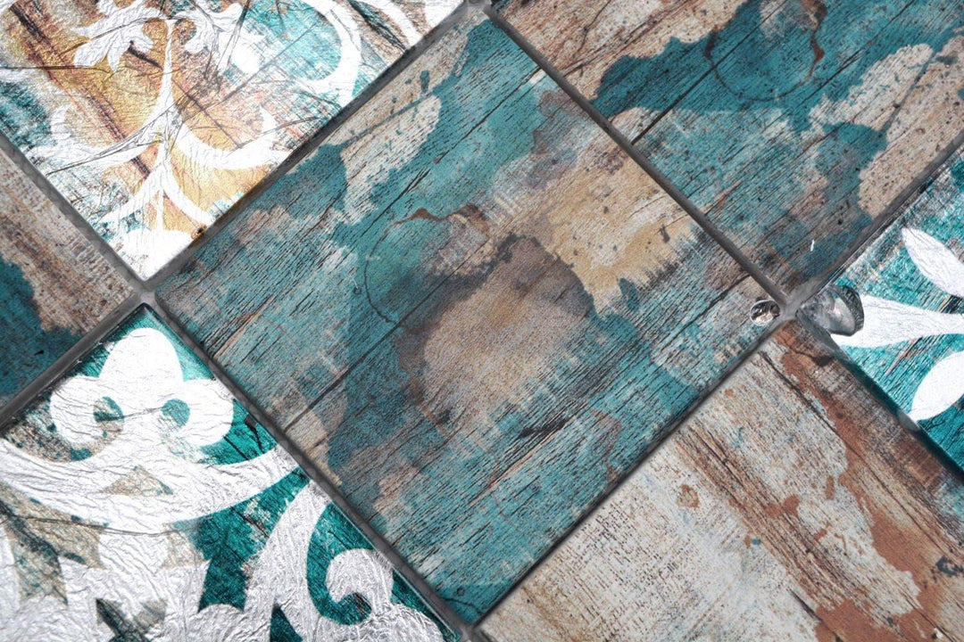Mosaikfliese Glasmosaik Piastrella Vintage Patchwork beige pertrol Holzoptik Ornament Küchenrückwand