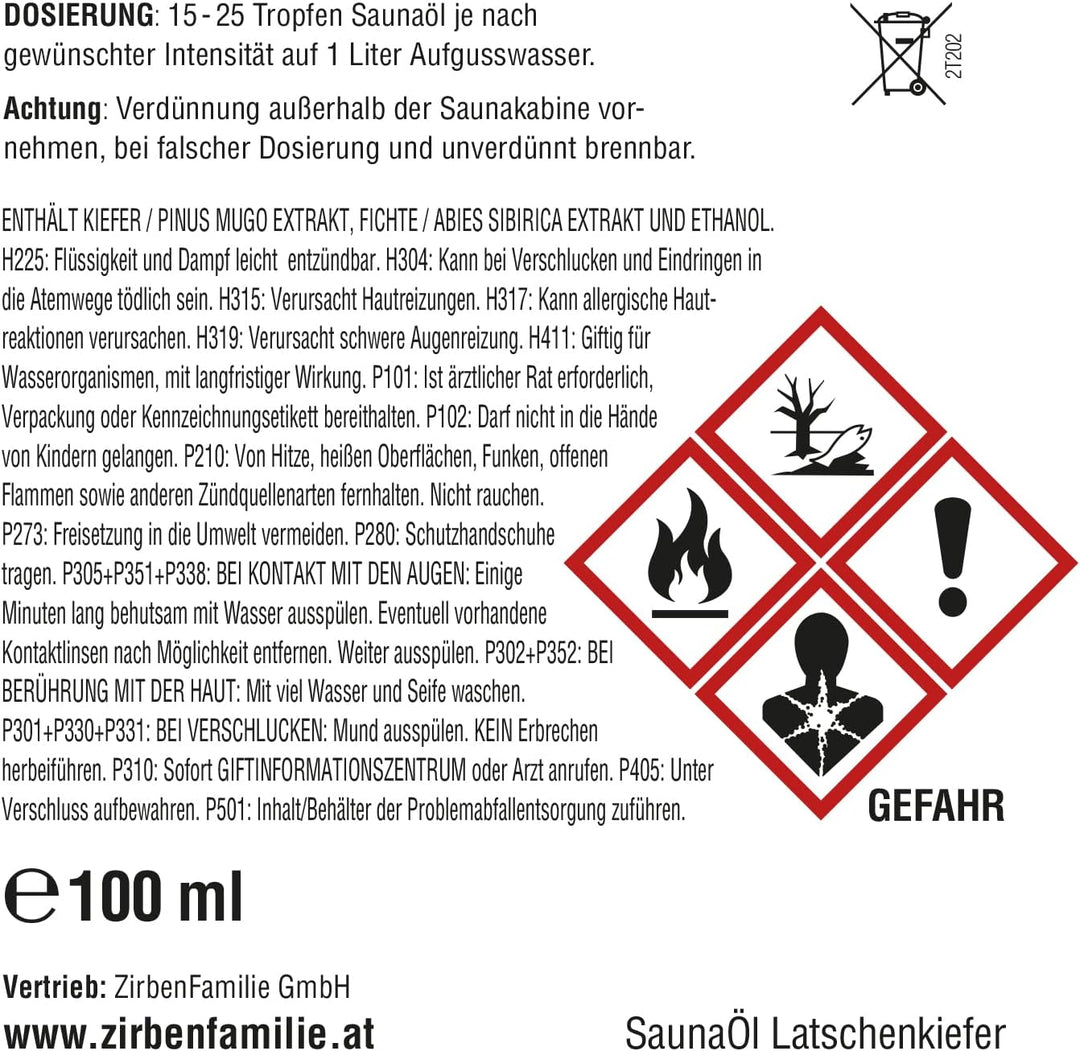 SaunaÖl Latschenkiefer (100ml) für Saunaaufguss mit würzigem Latschenkiefer-Duft Sauna Aufgussmittel