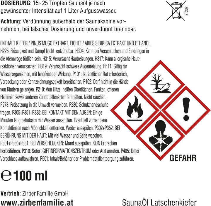 SaunaÖl Latschenkiefer (100ml) für Saunaaufguss mit würzigem Latschenkiefer-Duft Sauna Aufgussmittel