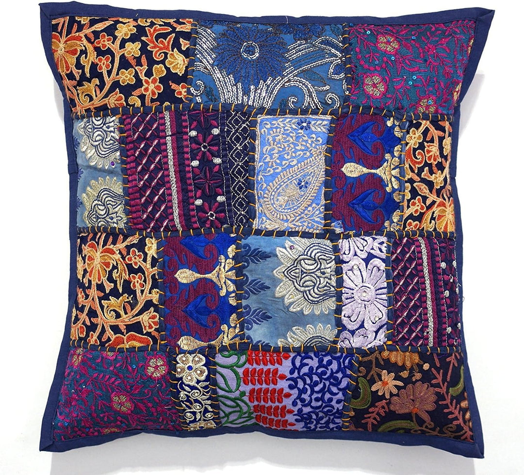 2 x ethnische Sari-Patchwork-Kissenbezüge, 40,6 x 40,6 cm, besticktes Kissen, blaues indisches Patch