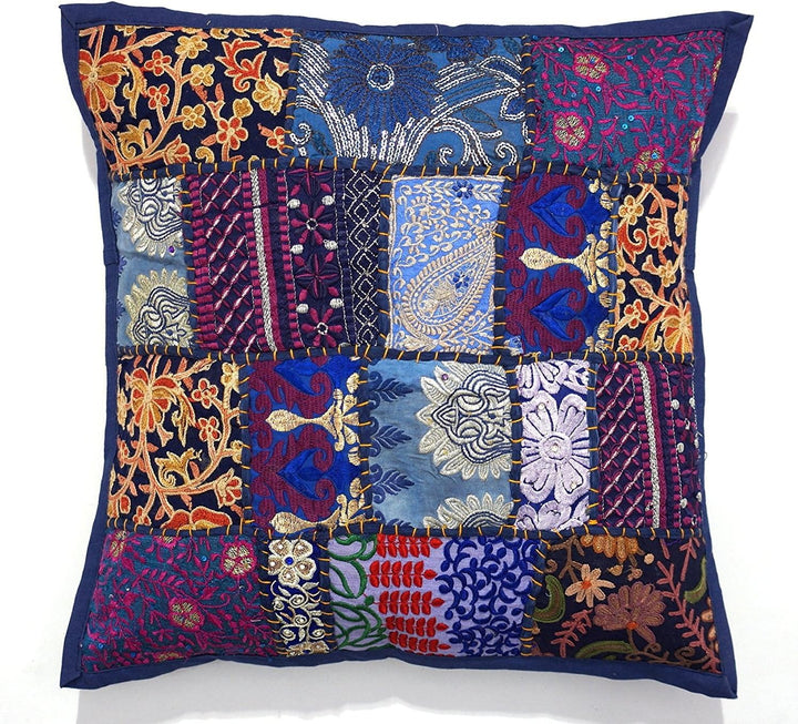 2 x ethnische Sari-Patchwork-Kissenbezüge, 40,6 x 40,6 cm, besticktes Kissen, blaues indisches Patch