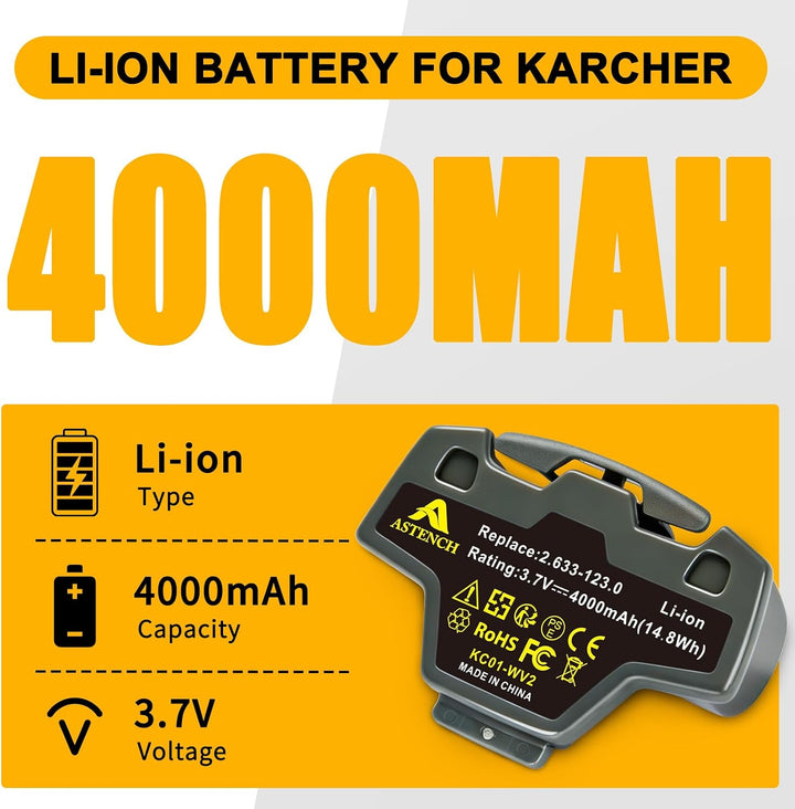 3.7V Akku für KARCHER 4.633-083.0,WV 2,WV 2 2nd,WV5,WV 5 Plus | für Fenstersauger KARCHER 2.633-123.