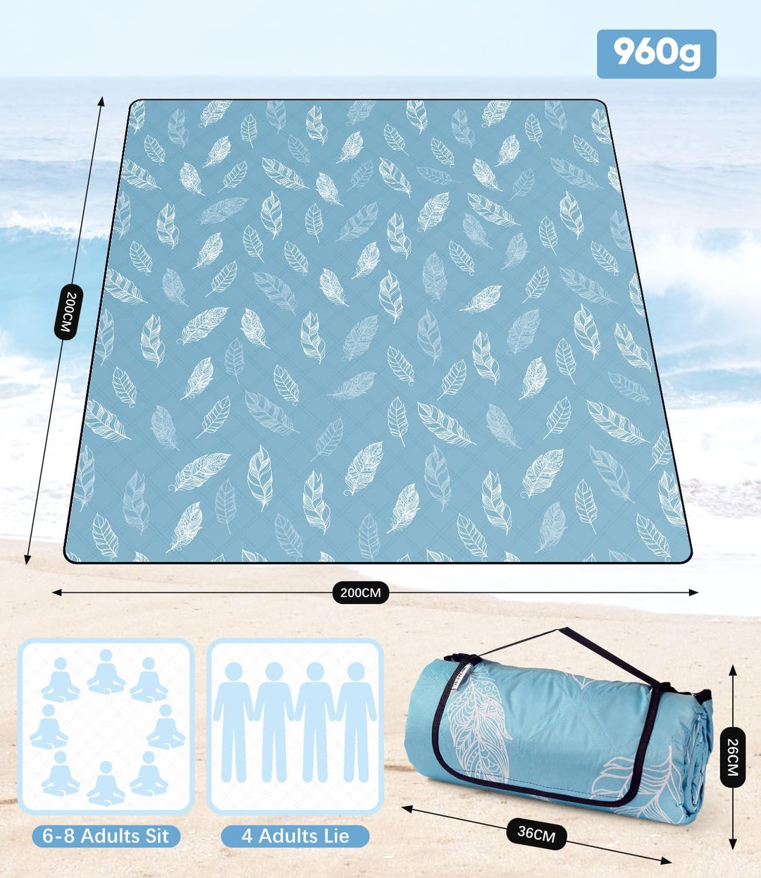 Picknickdecke wasserdicht waschbar, Stranddecke Sandfrei XXL Campingdecke Strandmatte isoliert mit w