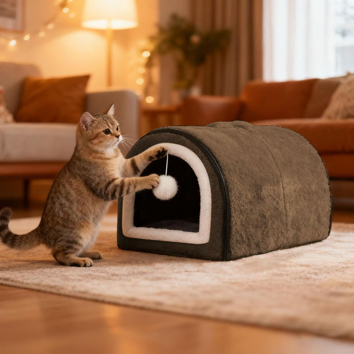 Beheiztes Katzenbett Katzenhöhle, Abnehmbare Halb-Umschliessende Nestform mit Gewölbtem Dach & Tempe