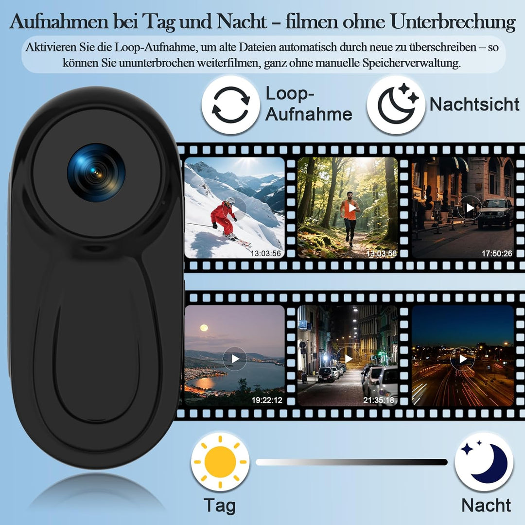 Body Cam HD 1080P, Daumen Action Cam Tragbare Mini-Kamera mit Nachtsicht, 0,9-Zoll-Display, Magnet A