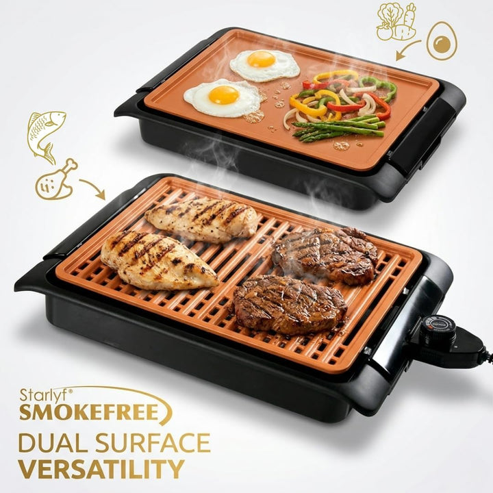 STARLYF Smokefree Grill Copper + Grillplatte, ohne Rauch oder Gerüche, Grill mit Kupfer-Antihaftbesc
