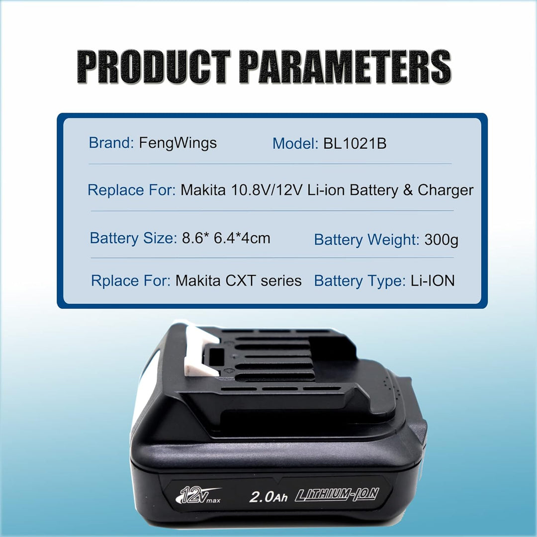 FengWings® 2 Stück BL1021B Akku，12V 2,0Ah Ersatzakku für Makita 12V Akku BL1021B BL1016 BL1041B 1973
