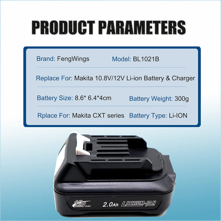 FengWings® 2 Stück BL1021B Akku，12V 2,0Ah Ersatzakku für Makita 12V Akku BL1021B BL1016 BL1041B 1973