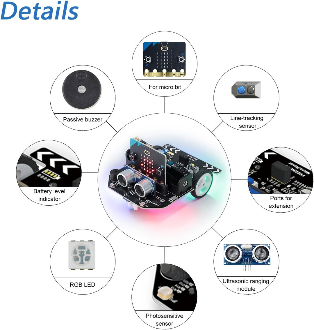 FREENOVE Micro:Rover Kit for BBC Micro:bit (V2 Contained), Obstacle Avoidance, Light-tracing, Line-T