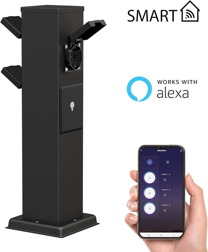 ledscom.de 3X Garten Steckdosensäule Polly für aussen, IP44, Smart Home, WLAN, Alexa, 3-Fach, schwar