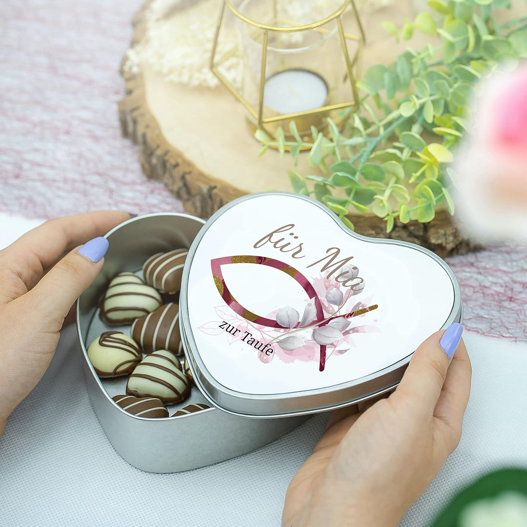 STEMPEL-FABRIK – personalisierbare Herzdose mit Name oder Wunschtext – Aquarell Motiv mit rotem Fisc